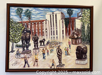 Straight-on view of framed painting displaying artwork, signature and frame