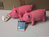 Two pink squeaky pig toys with tags visible