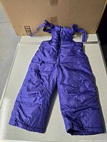 Full view of purple puffer snow pants laid flat