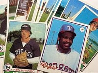 Fronts of several Topps baseball cards including Rangers player, Ken Kravec, others fanned