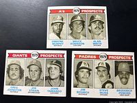Fronts of three 1979 Topps Prospects cards (#711 A's, #728 Giants, #735 Padres)