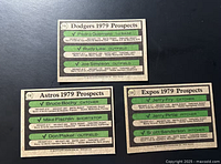 Backs of three 1979 Topps Prospects cards displaying green text player stats and card numbers