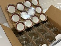 Open box showing twelve jars in dividers and sheet of lids with rings