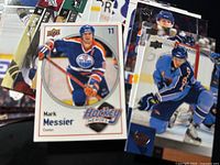 Front view of Mark Messier Hockey Heroes card atop stack of other NHL cards