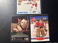 Three sleeved hockey cards: top Mogilny, bottom left Moog back, bottom right Roy front