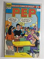 Front cover of Pep No.403 comic in bag with board