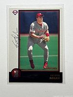 Front of Bowman BP2 Scott Rolen card with photo and facsimile signature