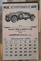 Valley Tire & Supply Automemories calendar showing classic Stutz car and January 1930 pad