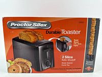 Front of boxed Proctor Silex Durable Toaster showing features and imagery