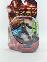 Front view of sealed Iron Man Mark 02 figure in blister packaging with missiles