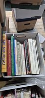 Box of assorted art books showing spines