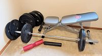 Bench, barbell, weight plates, accessories overall view