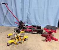 All three pieces of equipment: Craftsman jack, Park-n-Move dolly, Motorsport lift stand