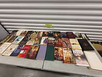 Top-down view showing all books laid out on tables