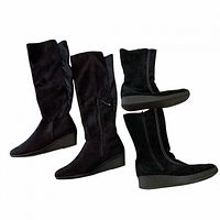 Full views of both boots showing suede uppers, height, and wedge heel profile