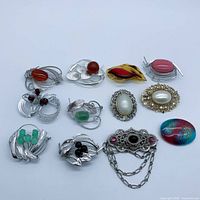 All 12 brooches laid out to show variety, colours and condition