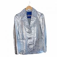 Front view of metallic silver leather blazer on hanger