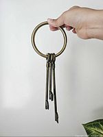 Hand holding brass ring with three skeleton keys hanging