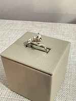 Front view of sterling silver cat ring on display cube