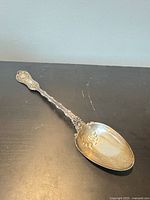 Full view of sterling silver serving spoon showing ornate handle and bowl