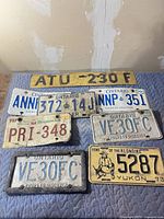 All seven license plates laid out on quilted surface