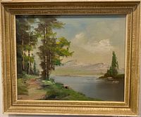 Full view of framed landscape oil painting