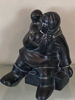 Full view of black resin Inuit mother with child figurine, seated pose