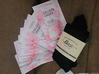 Front view of sheet masks and packaged pantyhose
