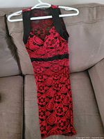 Front view of red and black lace bodycon dress on hanger