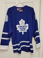 Front view of autographed Toronto Maple Leafs jersey