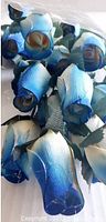 Close view of bundled blue/white wooden roses