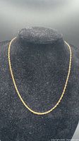Full view of gold tone rope chain necklace on display bust