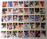 Overhead view showing the full assortment of hockey cards laid out in five rows