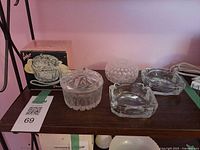 Entire lot showing boxed Fisher dish, open diamond-pattern dish, two ashtrays