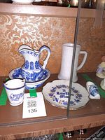 Full set showing pitcher, basin, milk glass pitcher, plate, pot and slipper