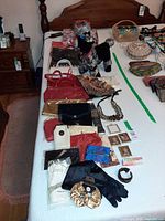 Entire lot laid out on bed showing plush and accessories