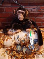 Front view of brown chimpanzee plush hand puppet seated on cushion