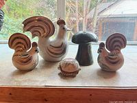 Group view: rooster, two hens, turtle, mushroom on windowsill