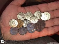 First view of group of Canadian 5-cent coins on hand, obverses and reverses visible