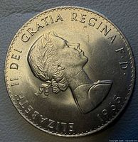 Obverse of 1965 British crown coin showing Queen Elizabeth II bust and inscriptions