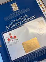 Page showing Canada’s Early Military History FDC with stamps and gold foil plaque
