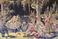 Full view of woven romantic scene tapestry