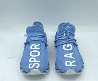Front view of blue DUORO shoes showing mesh uppers and white lettering