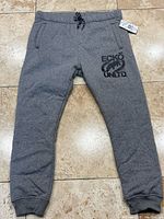 Front view of grey Ecko Unltd joggers with drawstring waist, logo on left thigh