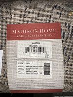 Manufacturer label showing Madison Home, Madison Collection, model MAD600C-8, 8' x 10', color White/Marine, polypropylene content