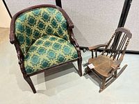 Club chair and child's rocking chair side by side