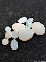 All ten opal cabochons on dark background showing size variation and play of colour