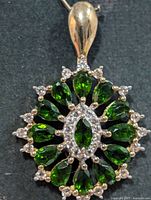 Front view of silver pendant showing chrome diopside cluster and bail