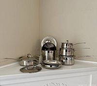 Stainless steel cookware pieces arranged together showing pots, pans, pasta insert and lids