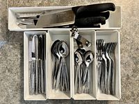 Stainless cutlery service in tray plus knives and can opener